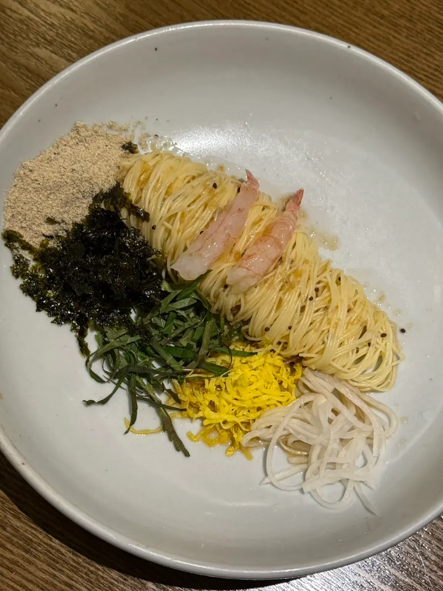 Perilla oil capellini topped with sweet shrimp