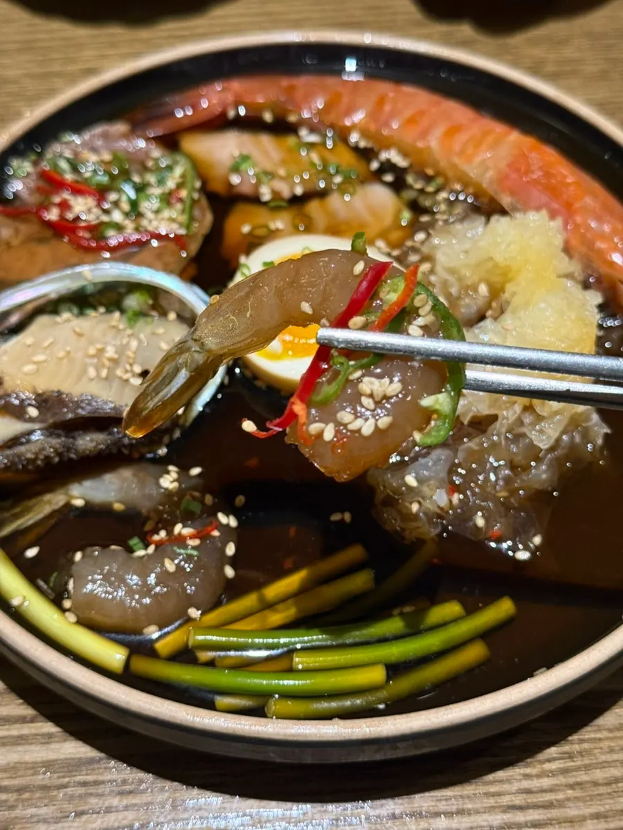 Full spread of the abalone shrimp jang and butter rice set
