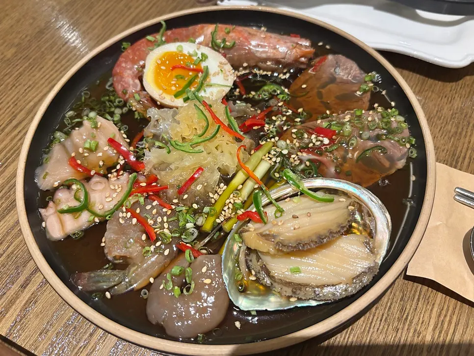 Full spread of the abalone shrimp jang and butter rice jeongsik