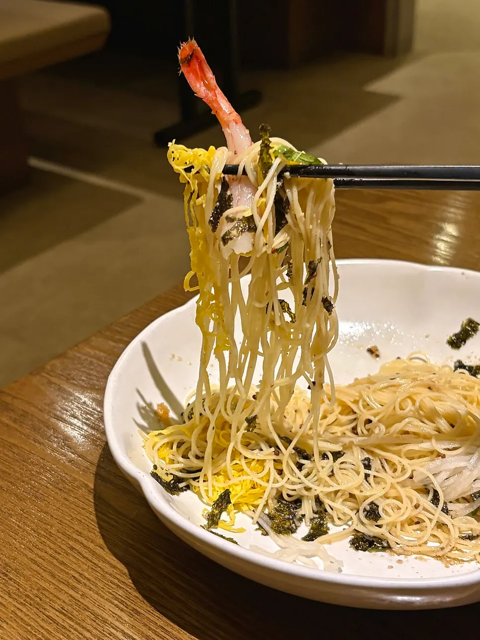 Close-up of the perilla oil capellini before mixing