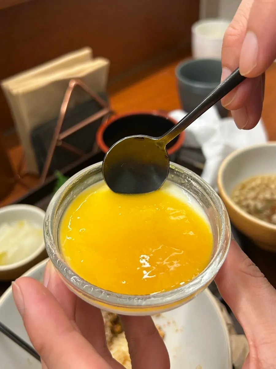 Dessert pudding topped with mango purée