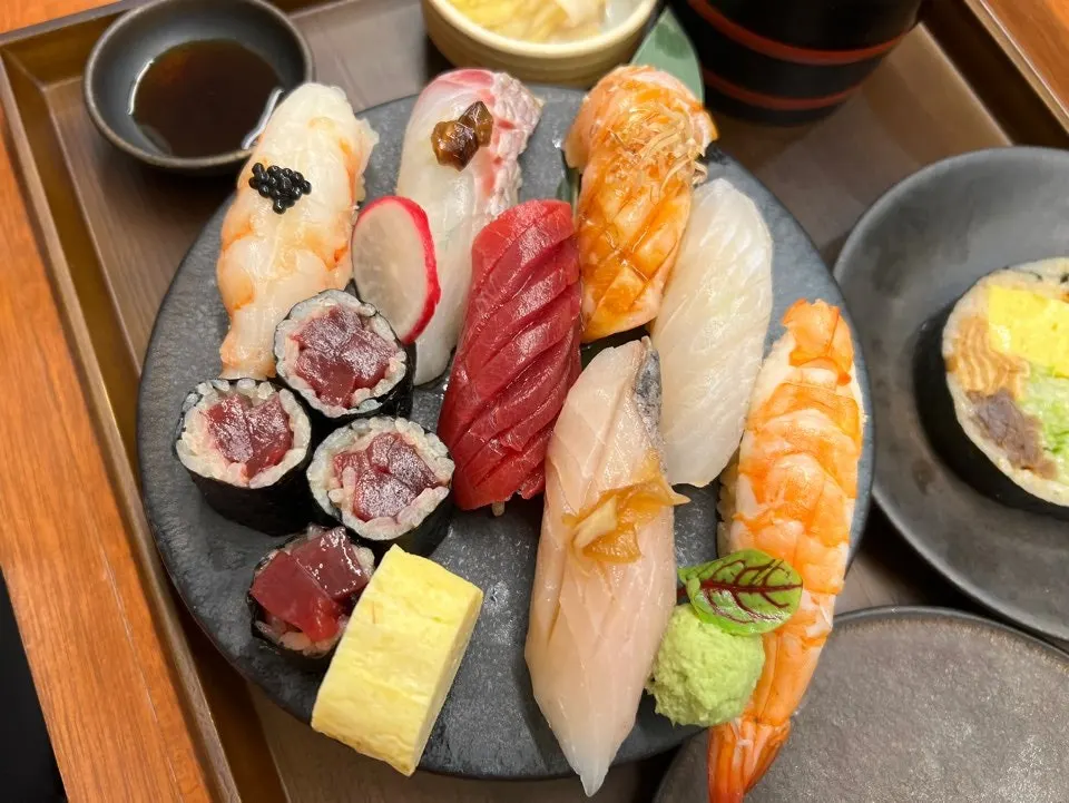 Sushi selection with flounder and raw shrimp