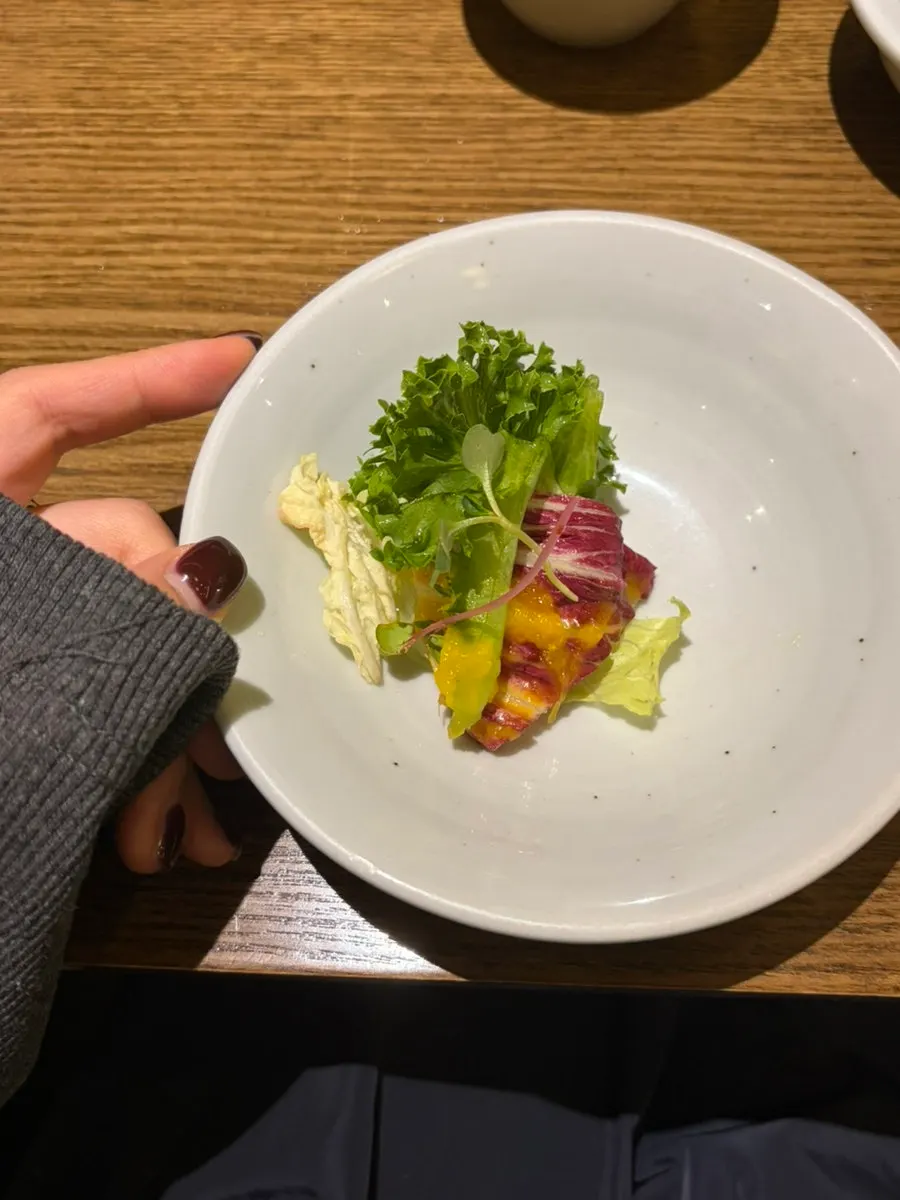 Cheongyang chili water kimchi and seasonal salad with yuzu dressing