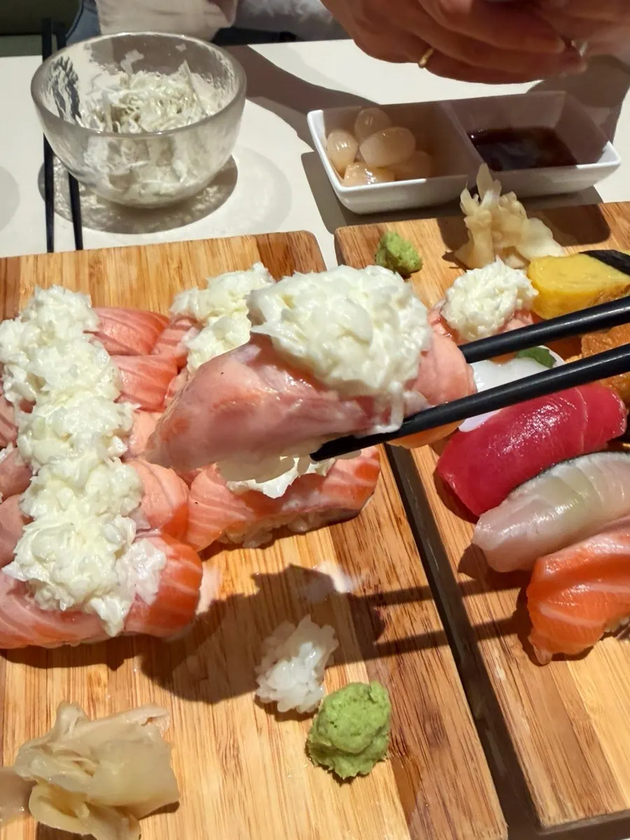 Grilled salmon platter with 10 pieces of sushi
