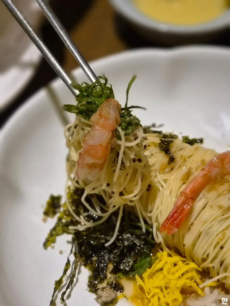 Perilla oil capellini plate before mixing the sauce