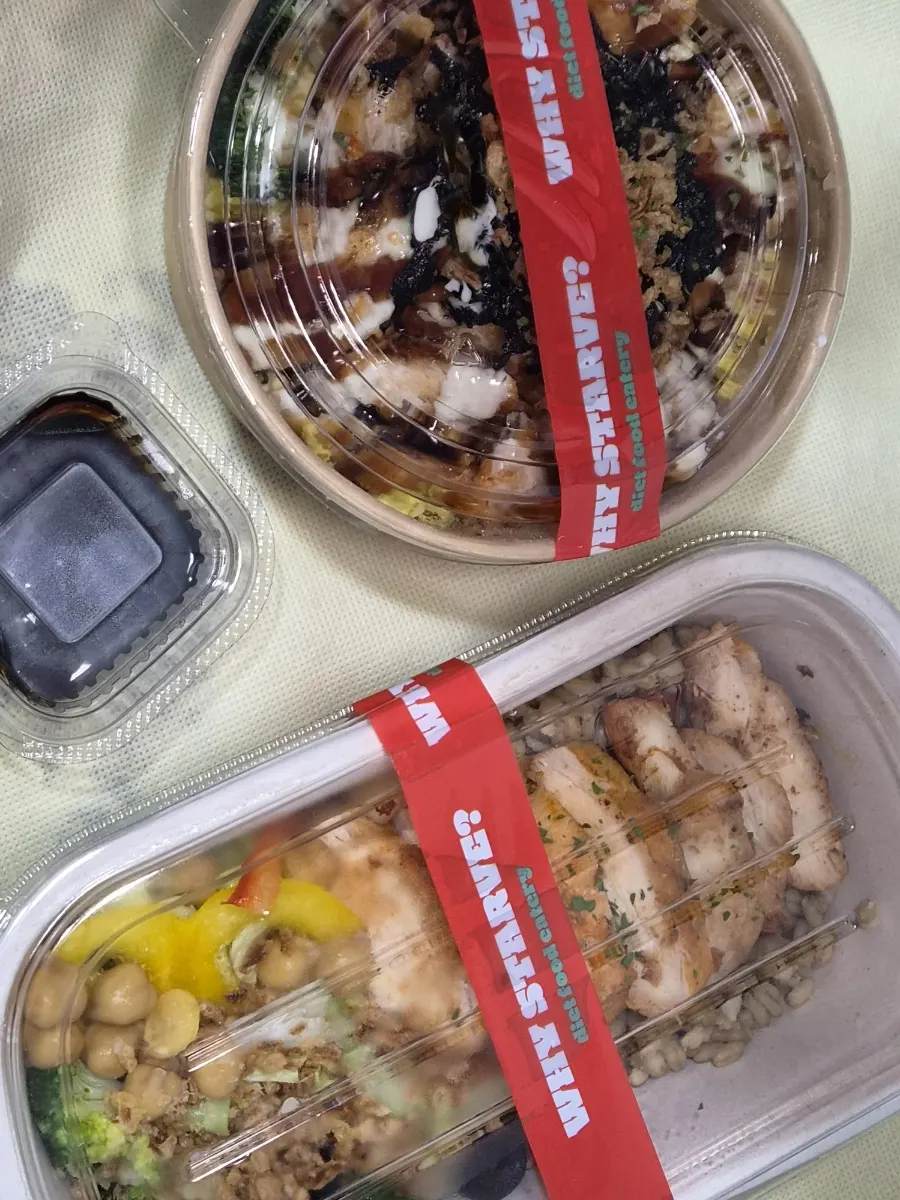 Two takeout items: protein rice bowl and protein box