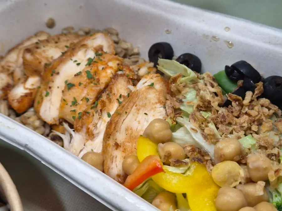 Close-up of the chicken protein rice bowl