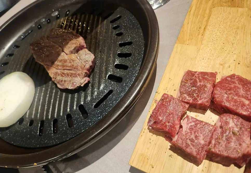 Black beef sirloin grilling on the griddle