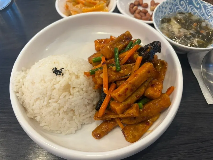 Solo dining table set with the eggplant tempura rice bowl