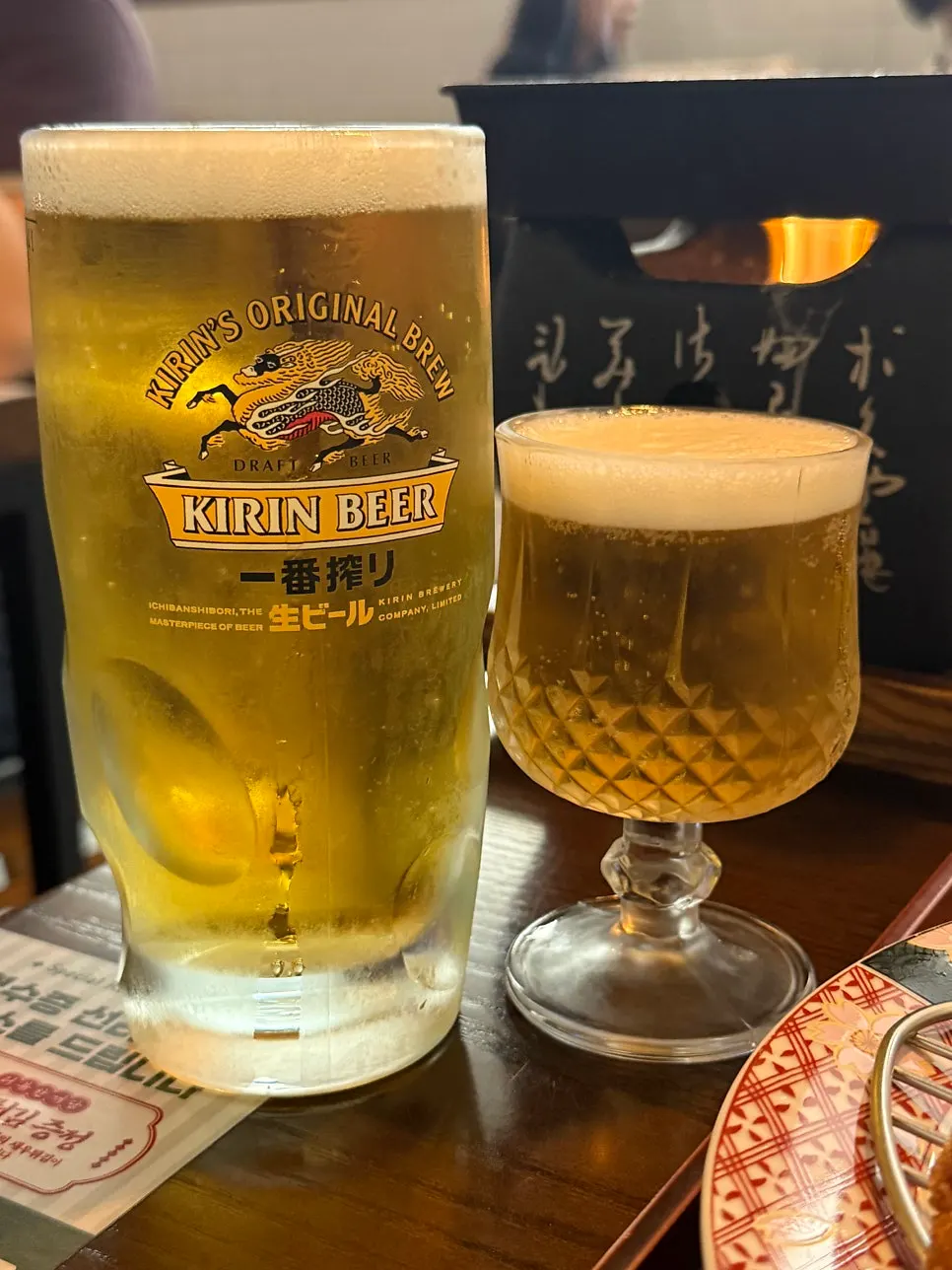 Meat paired with Kirin draft beer
