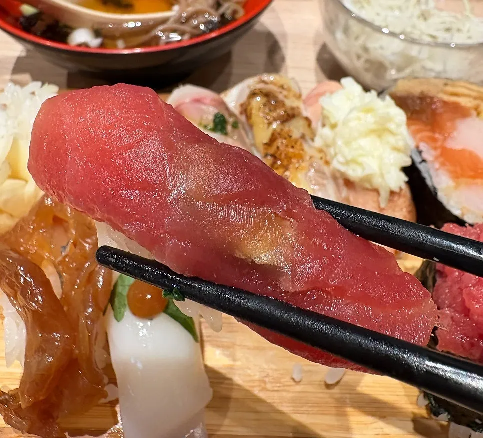 Close-up of a piece of tuna belly sushi
