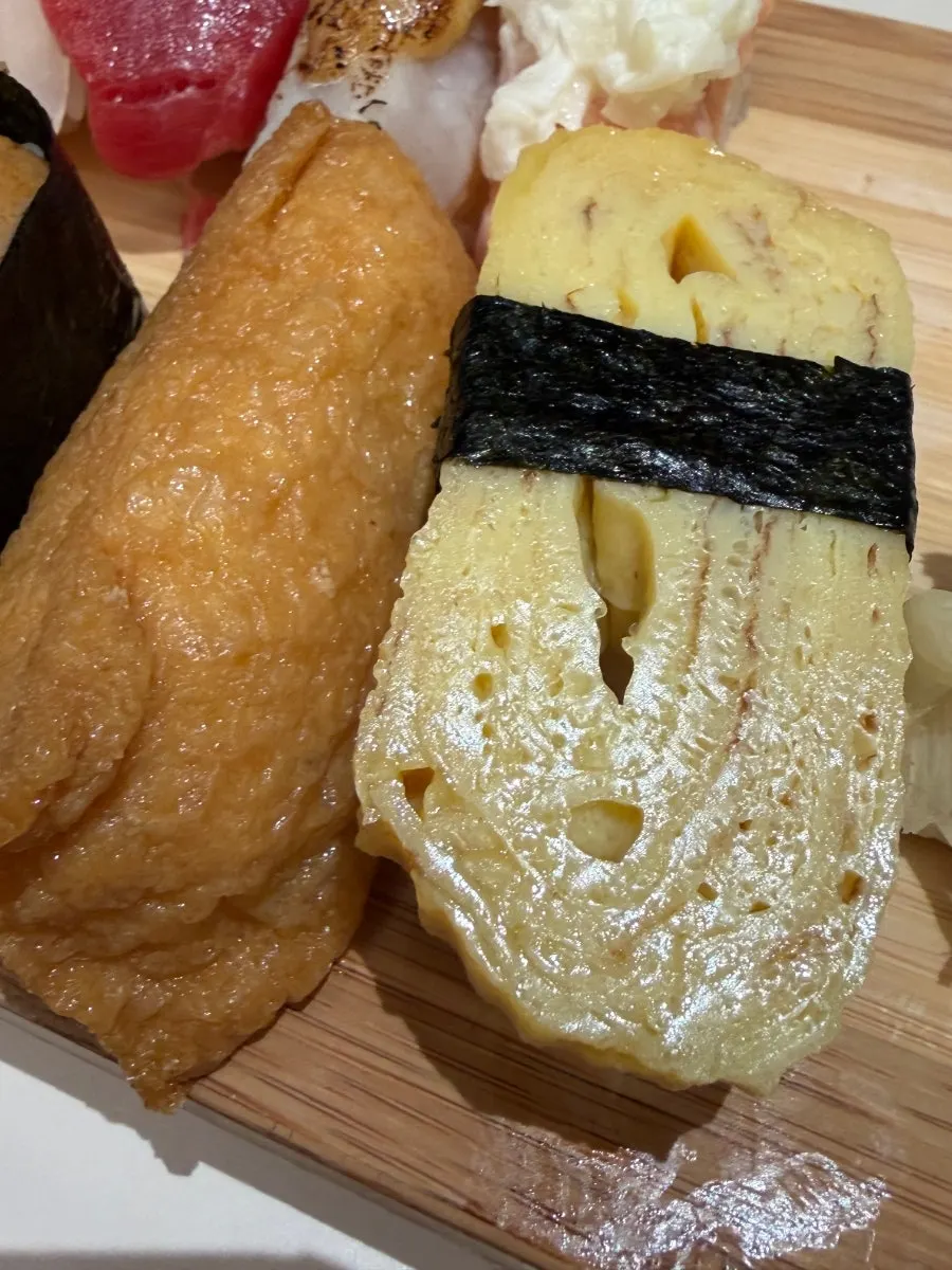 Close-up of the thick tamago egg sushi