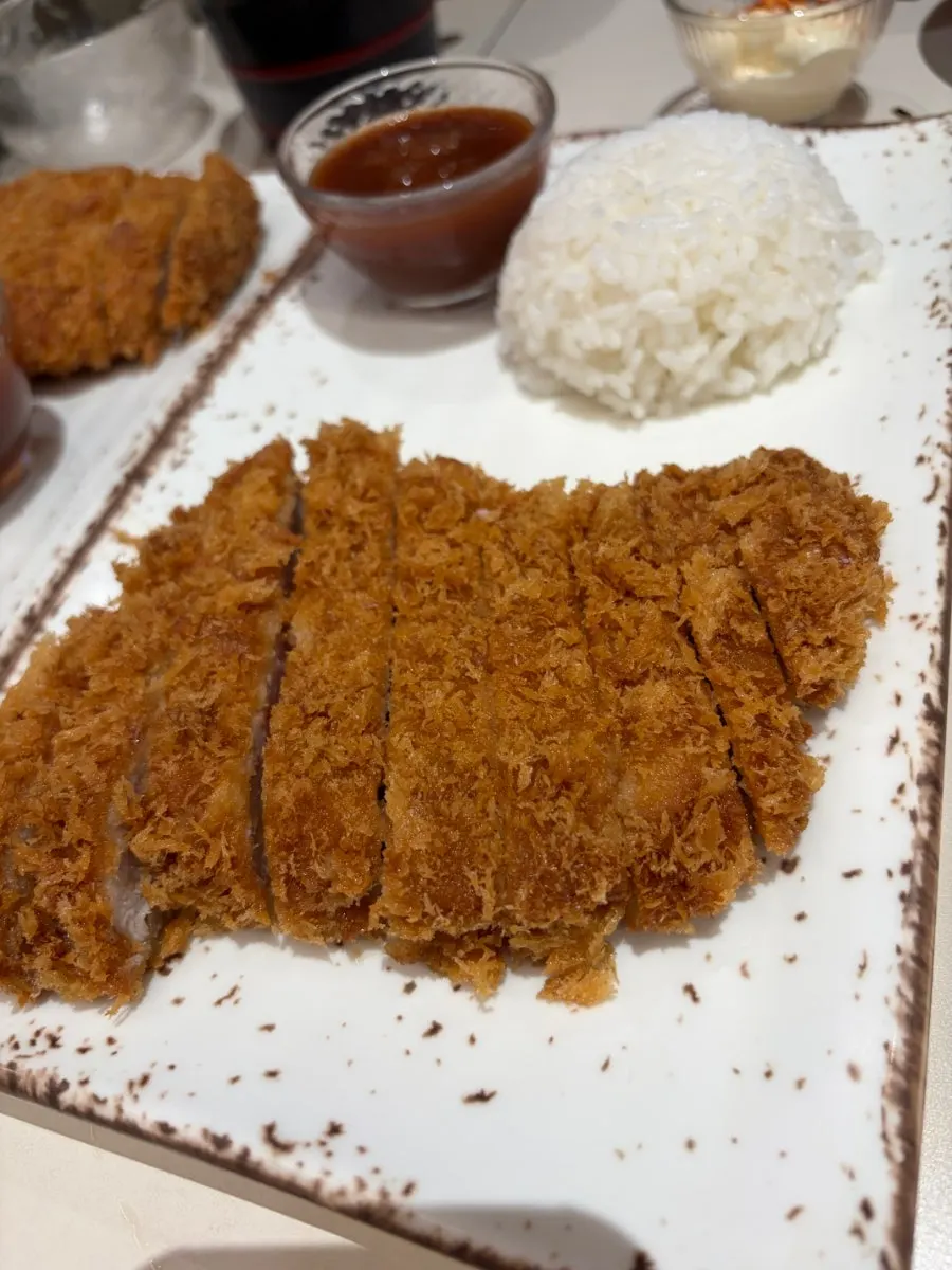 Pork loin cutlet plated with rice and sauce