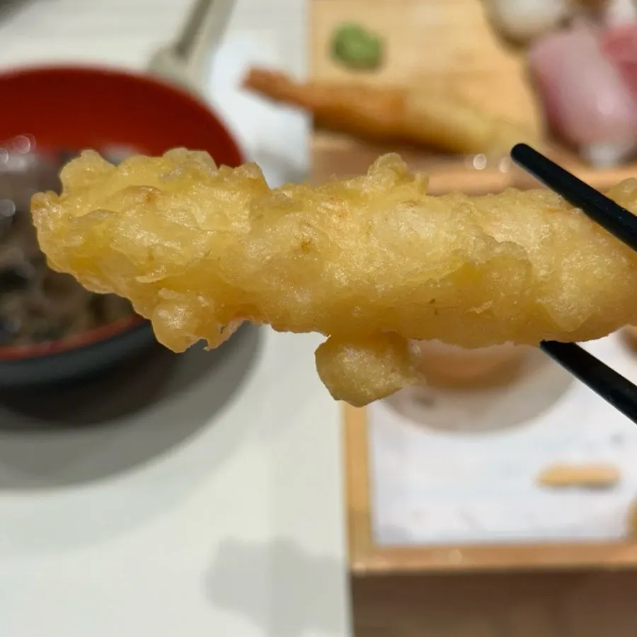 Close-up of thin-battered shrimp tempura