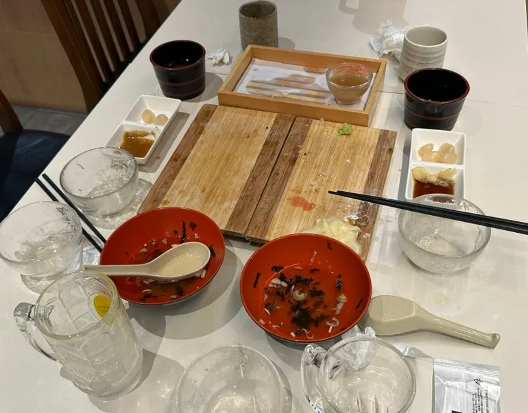 Sushi meal spread after finishing the meal