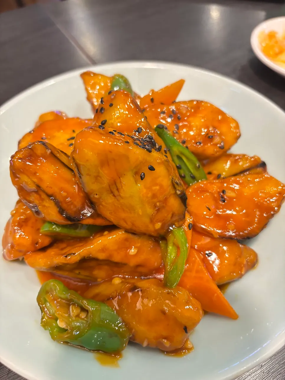 Plate of eggplant fritters at Cheonghwa Uyuk Dosakmyeon