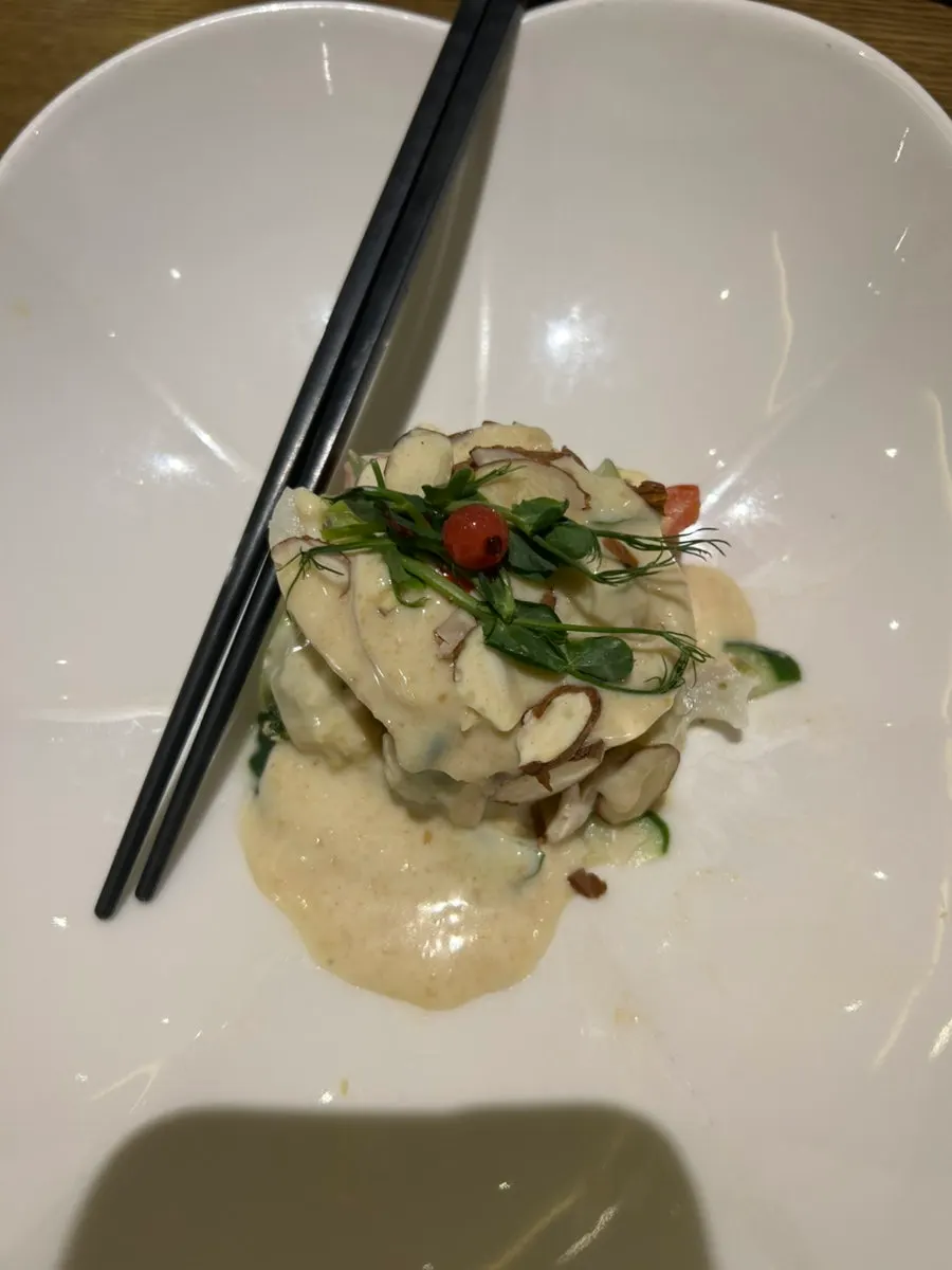 Mustard vegetable salad with pine nut sauce