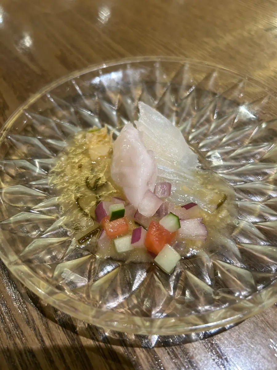 Flounder sashimi and pickle ceviche