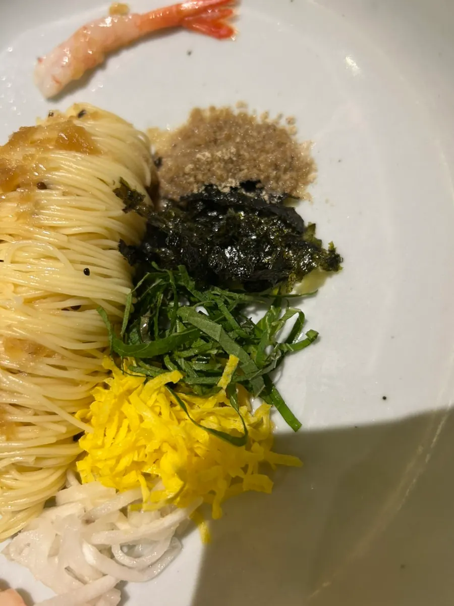Sweet shrimp capellini with a perilla-oil-noodle feel
