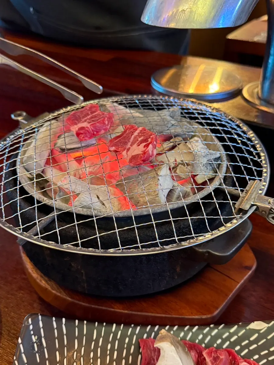 Spread of beef, mushrooms, eggplant, chicken thigh, and scallops