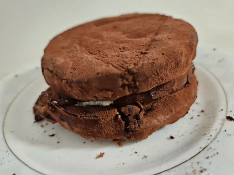 Cross-section of the choco pie showing whipped cream