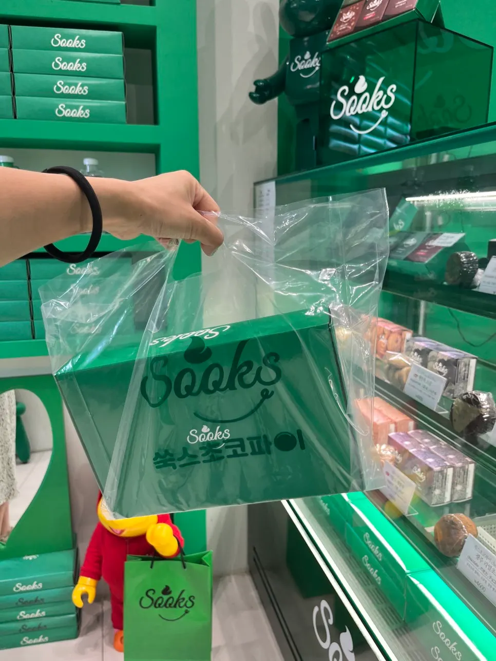 Green shopping bag wrapped in clear plastic