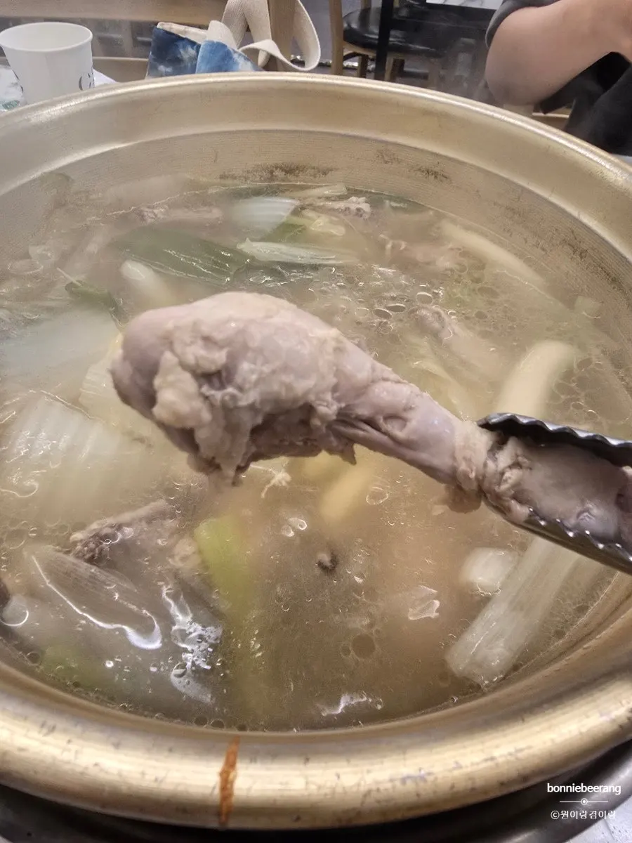 푹 익은 닭고기와 따뜻한 국물