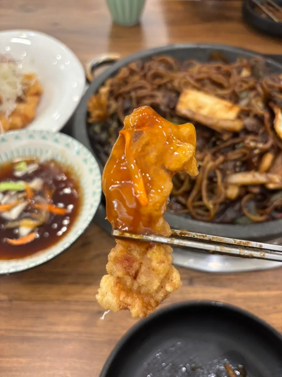 Close-up of crispy tangsuyuk with a soft interior
