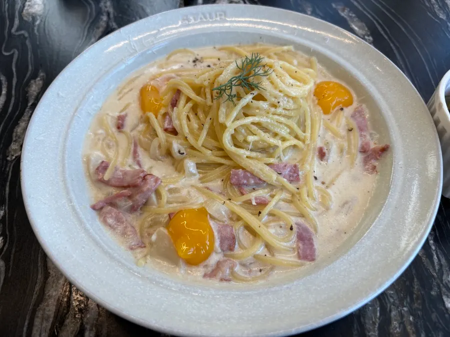 Close-up of sauce-rich carbonara pasta