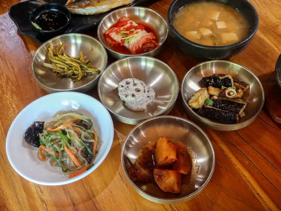 Fried eggplant, shiitake sweet-and-sour and other banchan
