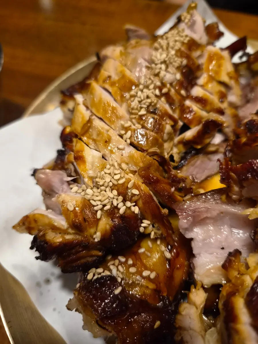 Close-up of charcoal-grilled jokbal showing lots of lean meat