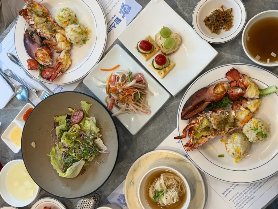 The full lunch-special course spread across the table