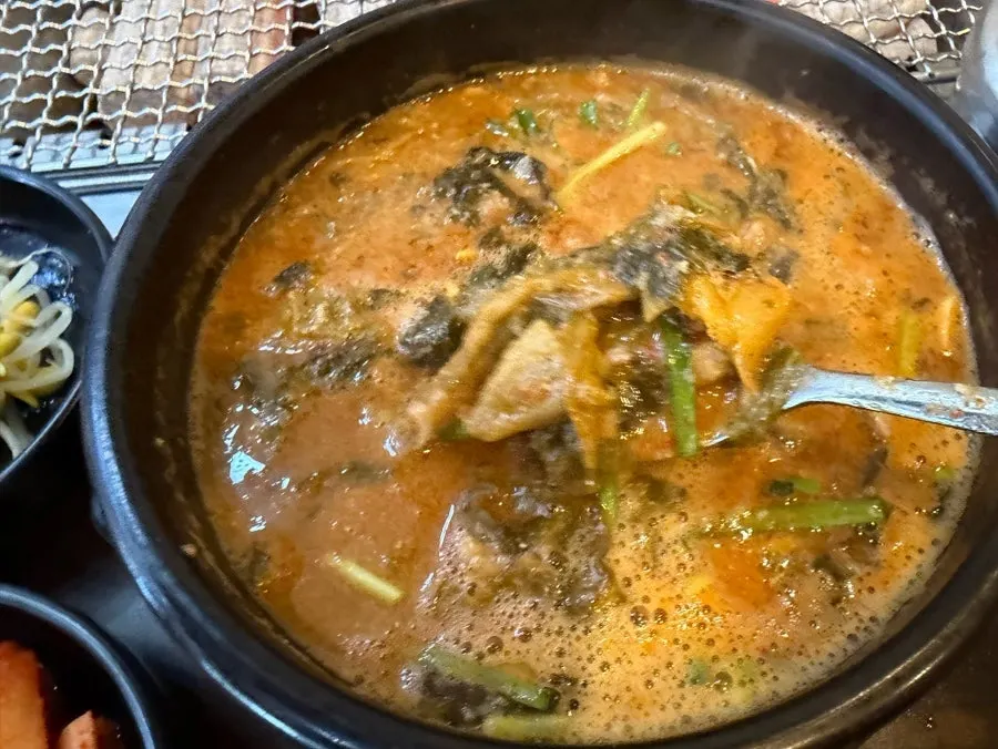 Eel soup broth with dried cabbage leaves and chives