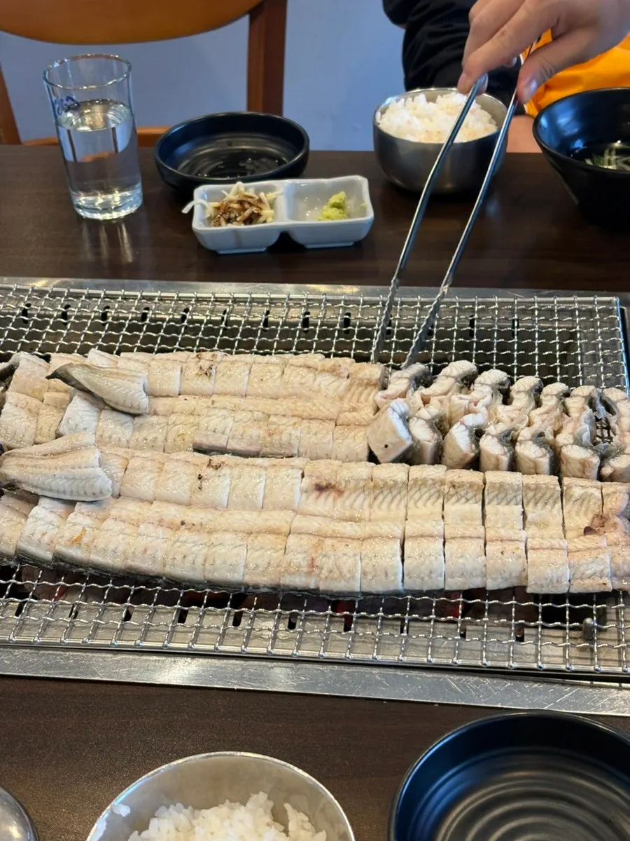 Eel on the charcoal grill as first set up by staff