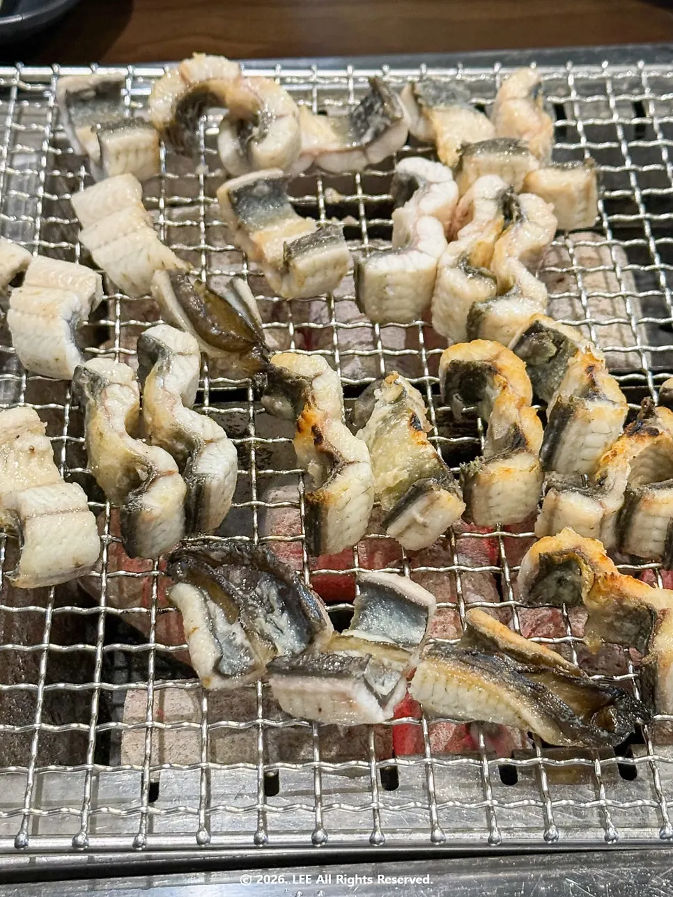 Close-up of charcoal-grilled eel with smoky char