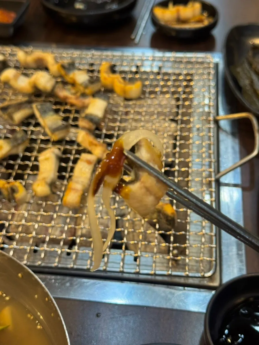 Eel dipped in sauce and paired with onion