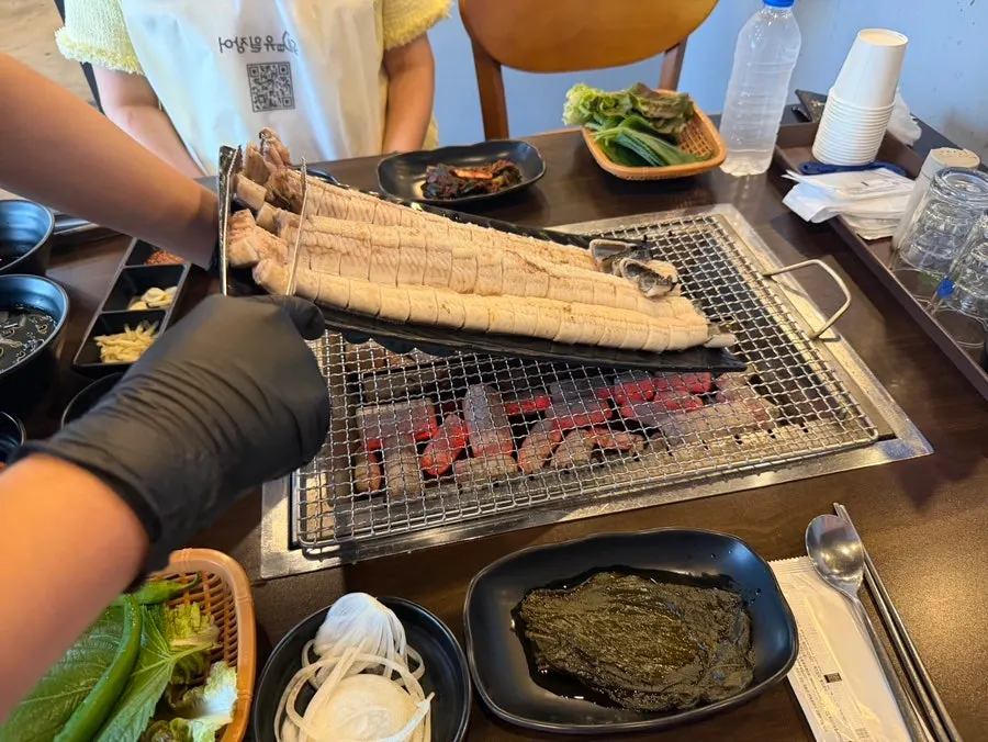 Table set up with a charcoal grill