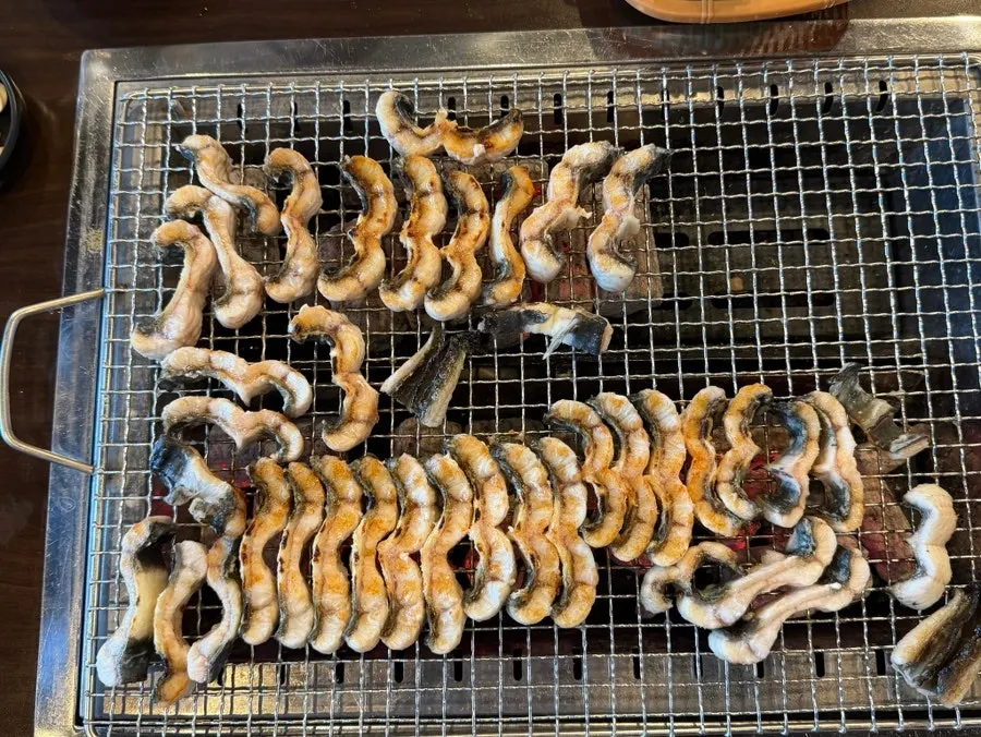 Close-up of a fully grilled, plump piece of eel