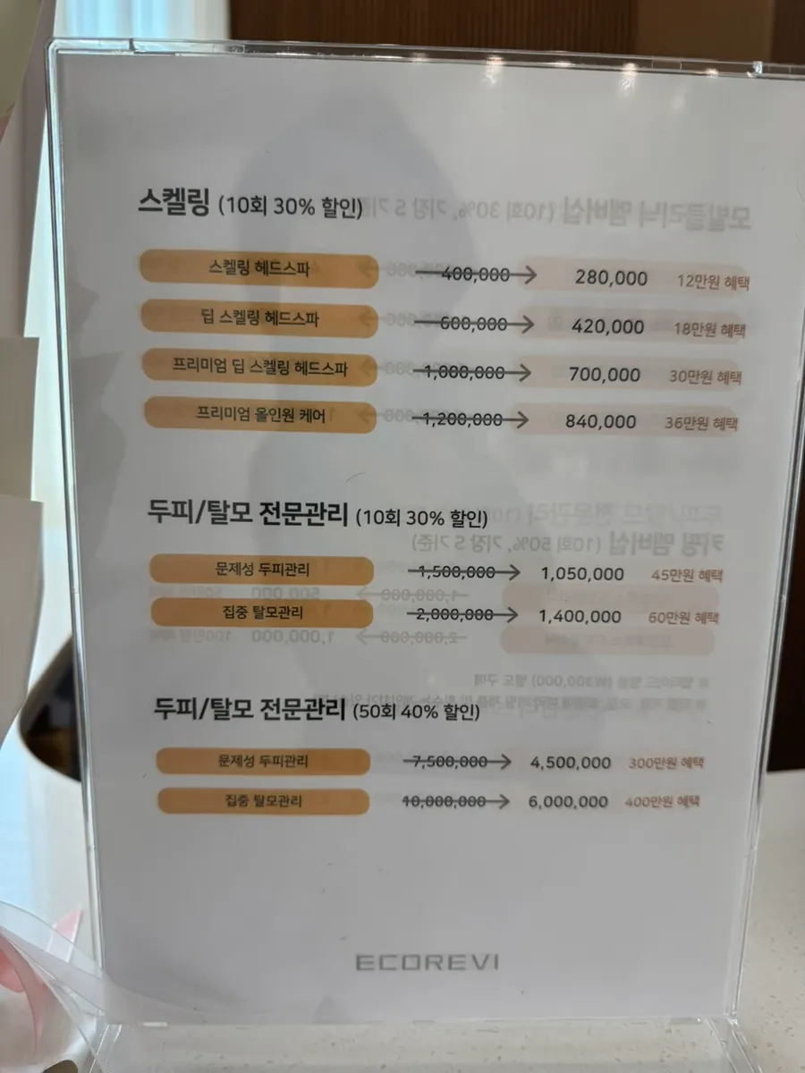 매장에 안내된 시술 가격표