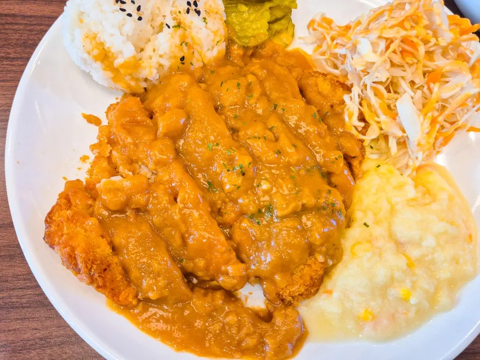 A plate of pork cutlet drizzled generously with sauce
