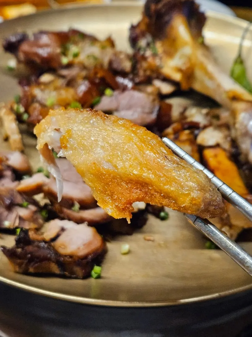 Close-up of the crispy exterior of the old-style fried chicken