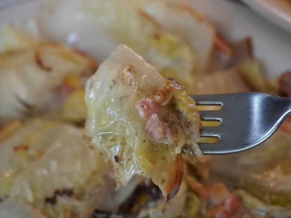 Close-up of the napa cabbage Caesar salad