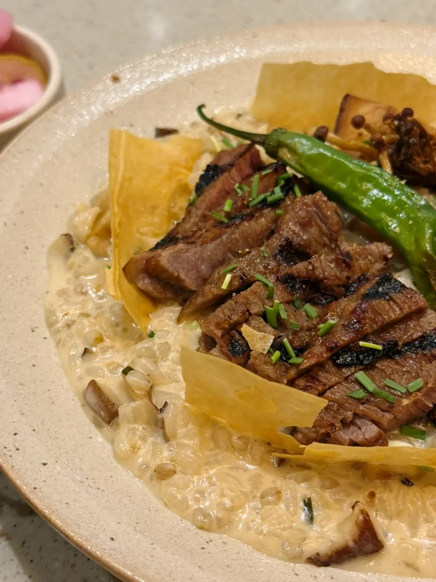 Manjo risotto piled high with steak
