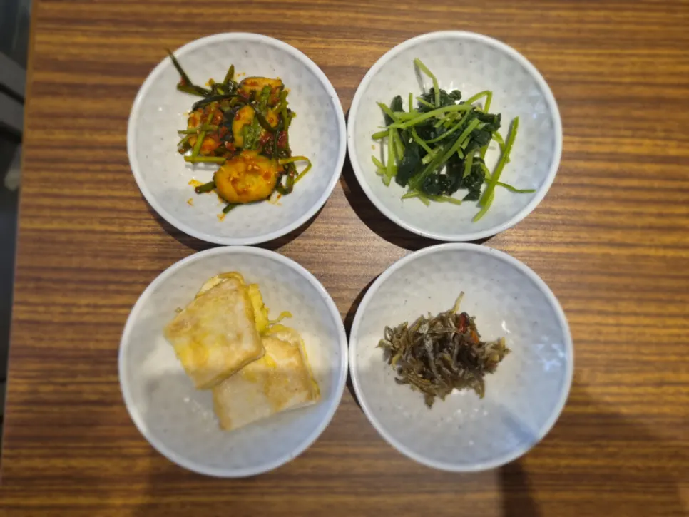 Plate of Korean side dishes served alongside rice