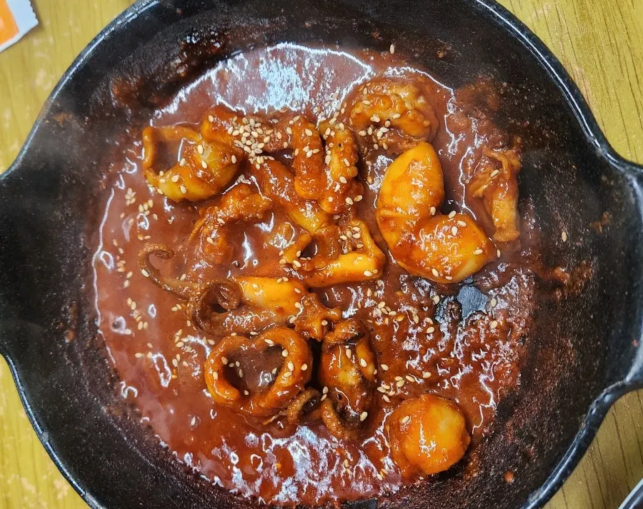 Plate of spicy stir-fried baby octopus
