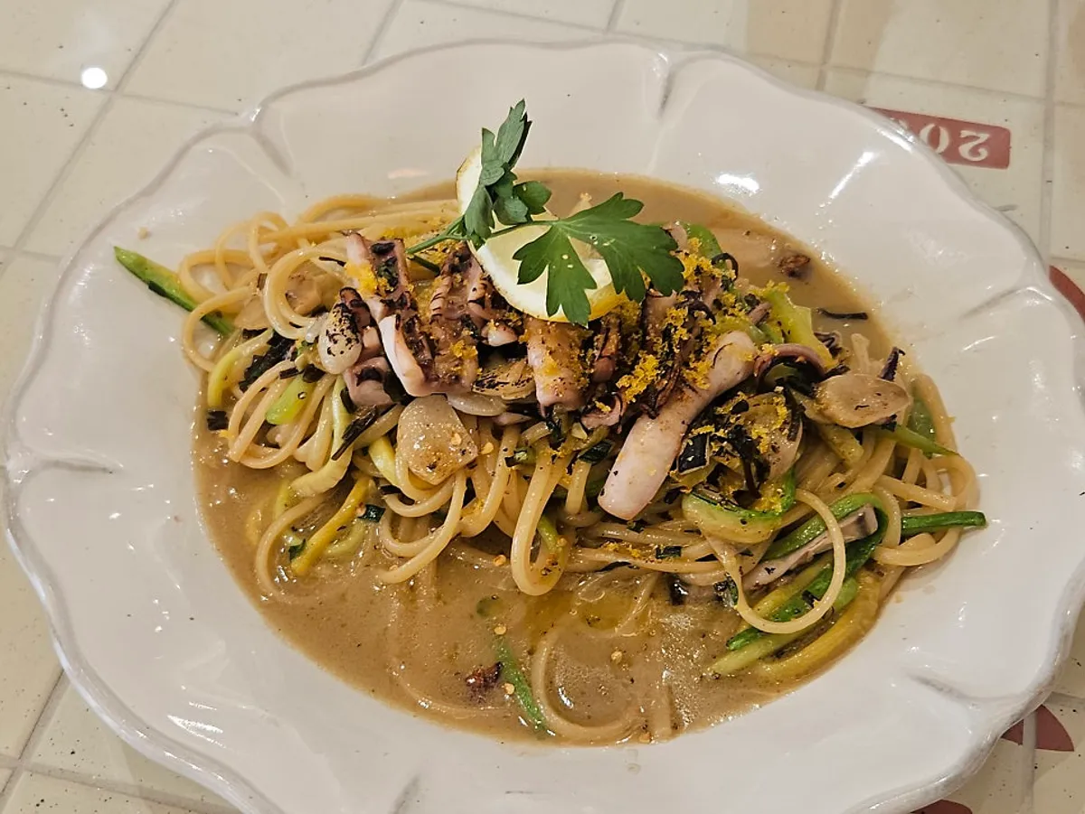 A plate of Camel Orzo's squid butter pasta