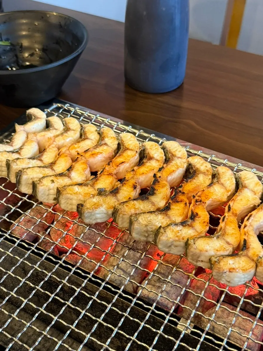 Pre-grilled freshwater eel set up ready for grilling