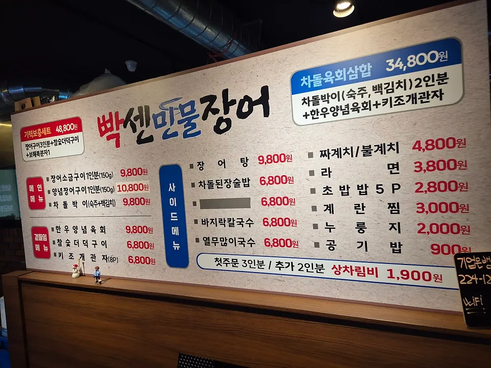 Menu board at Ppaksen Freshwater Eel Gwangju Songjeong Station Branch