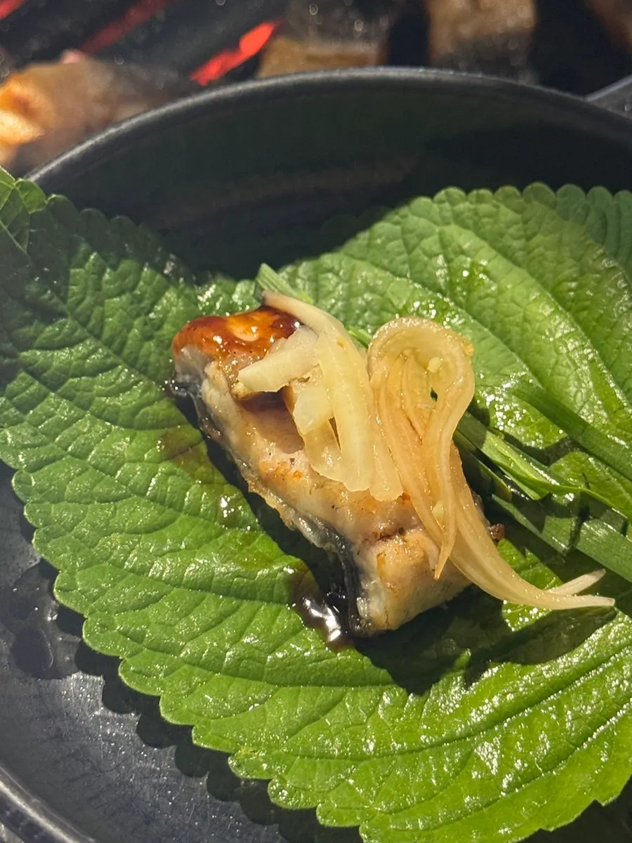 Grilled eel bite topped with teriyaki sauce and onion & chive