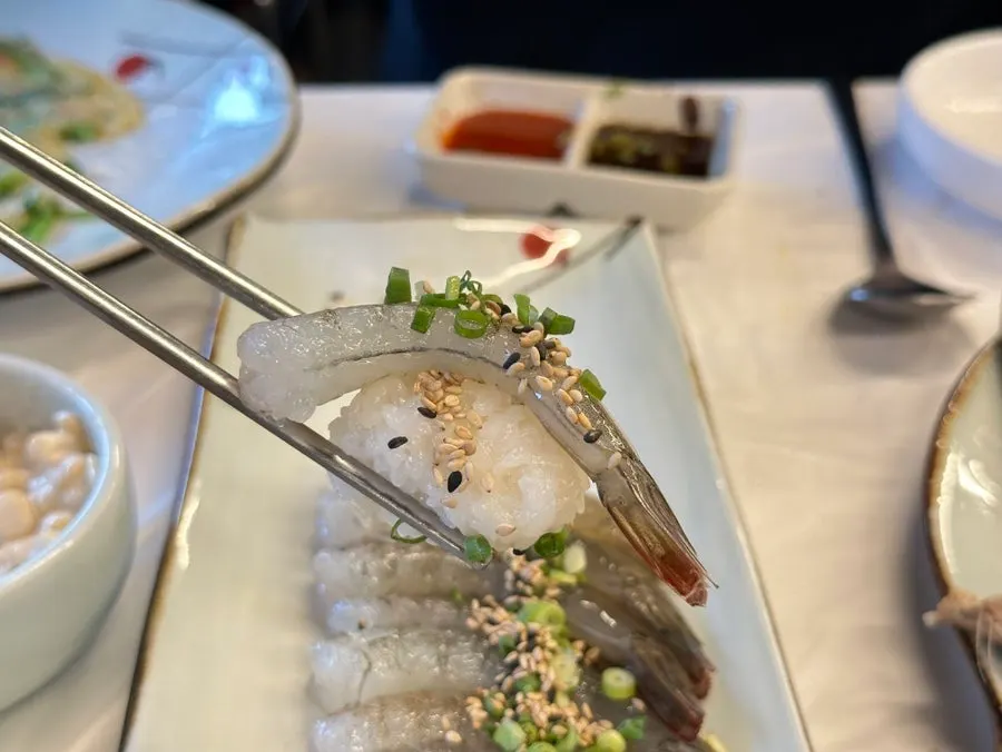 Raw shrimp sashimi served with cho-jang sauce